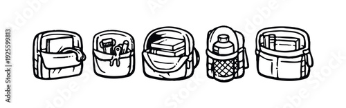 Set of Open Backpacks and Bags with Contents - School, Travel, and Daily Organization Icons.