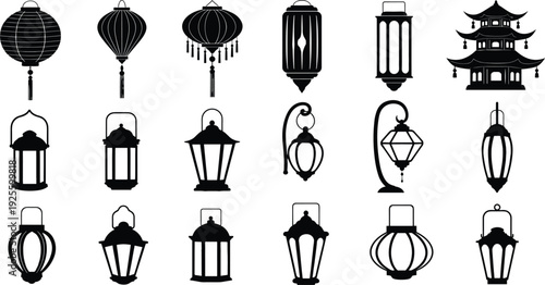 Black and white vector illustration set of traditional lanterns featuring Asian paper lanterns decorative lamps and ornate lanterns for celebrations.