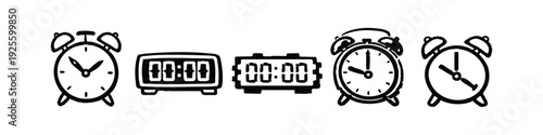 Diverse Alarm Clock Icons - Analog and Digital Timepieces for Wake-up and Reminders.