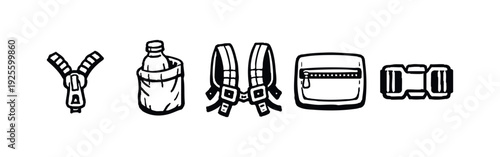 Backpack and Travel Gear Components - Zipper, Bottle Holder, Straps, and Buckles Icon Set.