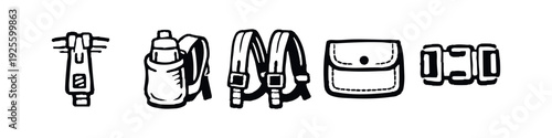 Hiking and Backpack Accessories - Poles, Bottle Holder, Straps, Pouch, and Buckles Icons.