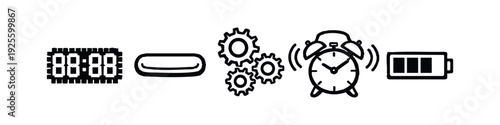 Hand-drawn set of time, medicine, gears, alarm, and battery icons, representing various concepts.