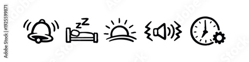 Hand-drawn set of morning routine and wake-up icons, including bell, sleep, sunrise, and sound.