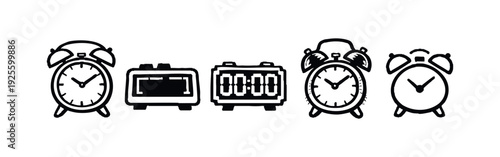 Hand-drawn set of various alarm clock and digital clock icons, depicting time, deadlines, and alerts.