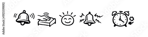 Hand-drawn set of wake-up, snooze, and morning icons, indicating alerts and daily start.