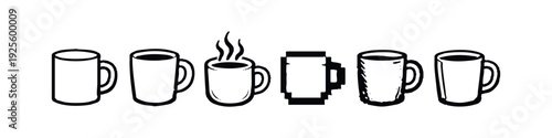 Hand-drawn style coffee mugs and cups icon set with various designs and pixel art.