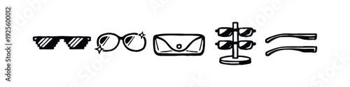 Fashion accessories icon set with sunglasses, clutch bag, and eyewear elements in doodle style.