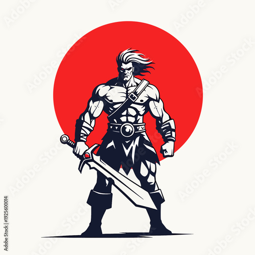 Mighty warrior illustration with a powerful stance, holding a sword against a bold red sun backdrop.