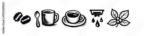 Halftone coffee essentials set with pixelated beans, mug, cup, and coffee plant icons.