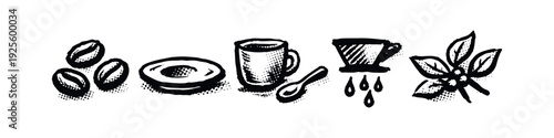 Halftone Sketch Icons of Coffee Beans, Cup, Pour-Over, and Coffee Plant