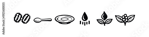 Coffee and tea ingredient and accessories icon set in hand-drawn outline style.