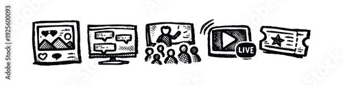 Digital Media, Social, Education, and Live Streaming Hand-drawn Icons