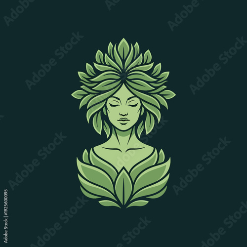 Serene Woman with Lush Green Leaves as Hair and Body, Embodiment of Nature's Tranquil Spirit