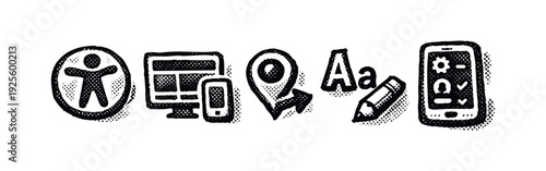 Web Accessibility, Responsive Design, and Mobile Settings Doodle Icons with Location and Typography