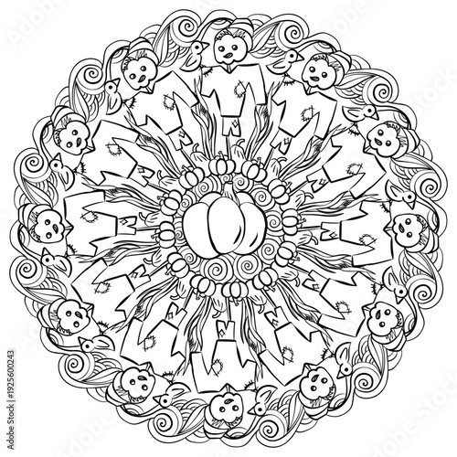Mandala with a garden scarecrow and pumpkins, creative page layout for creativity and activities