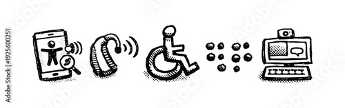 Digital Accessibility, Assistive Tech, and Communication Icons with Smartphone Search, Hearing Aid, and Chat