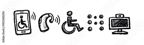 Disability Accessibility and Assistive Technology Doodle Icons with Smartphone, Hearing Aid, Braille, and Webcam