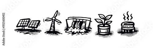 Hand-Drawn Renewable Energy Sources Icon Set
