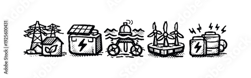 Sustainable Energy Infrastructure and Storage Doodle Icons with Power Grid, Solar Battery, Wind, and Tidal Power