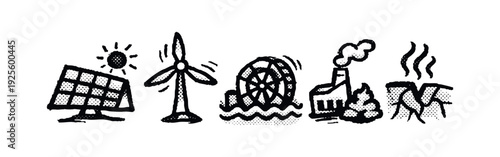Energy Generation Sources Doodle Icon Set