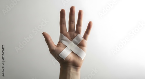 A hand with fingers wrapped in white medical tape on a plain background