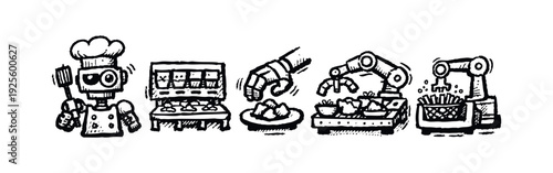 Automated Kitchen and Robotic Food Preparation Hand Drawn Icons Set