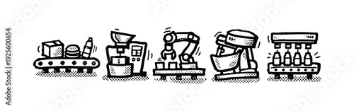 Industrial production line icons set. Automation, manufacturing, packaging process vector illustrations.
