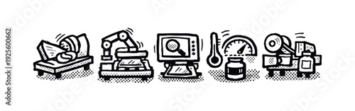 Industrial process and quality control icons set. Manufacturing, laboratory, and automation symbols.
