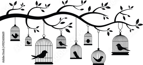 Silhouette of birds in cages hanging from a tree branch with leaves vector illustration
