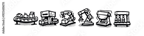 Manufacturing and packaging automation icons set. Industrial production line technology illustrations.