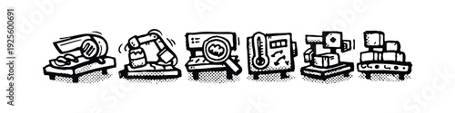 Factory automation and quality assurance icons. Industrial machines, robots, and control system symbols.