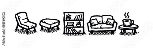 Home furniture and interior decor icons collection. Modern living room design elements for comfort.