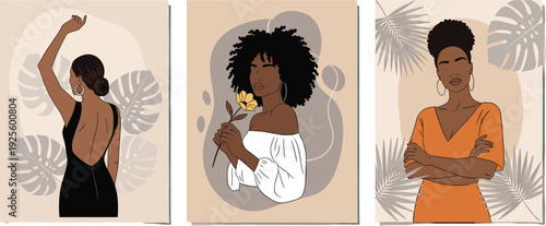Modern abstract women illustration, diverse female portraits, botanical background, minimalist art style, fashion elegance, afro hairstyle, curly hair, beauty concept