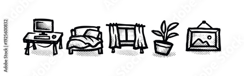 Home office and bedroom decor icons set. Everyday living and work space elements.