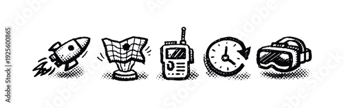 Hand-drawn Tech, Exploration, and Time Doodle Icons Set
