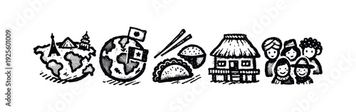 Global Travel and Cultural Diversity Icons: World Landmarks, Cuisine, Traditional House, and Diverse People