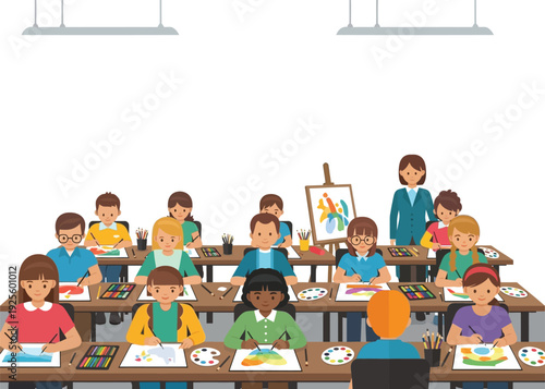 Children engaged in art class with instructor