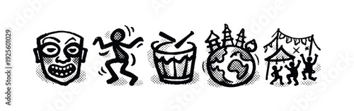 Hand drawn illustrations depicting tribal culture, festive dance, music, global environment, and community celebration.