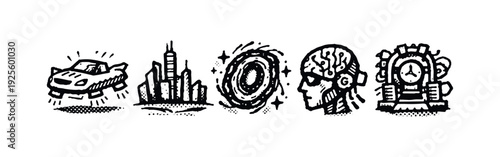 Futuristic Technology and Sci-fi Concepts Icons Set with Hovercar, Cityscape, AI Brain, and Steampunk Clock