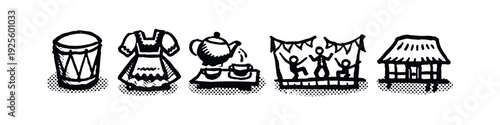 Cultural Traditions Icons: Folk Drum, Traditional Dress, Tea Ceremony, Festival Dance, and Hut Home