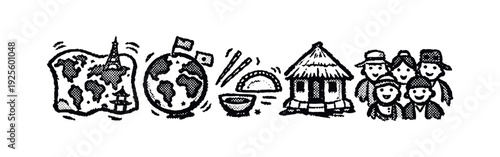 Hand drawn illustration representing global culture, diversity, travel, and international communities.