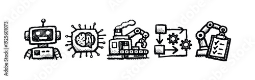 Hand drawn illustration of artificial intelligence, robotics, automation, industrial processes, and technological development.