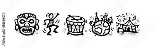 Hand drawn illustrations representing tribal culture, music, dance, global travel, and festive celebration.