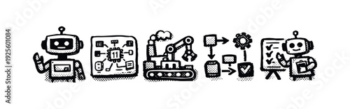Hand drawn illustration of robotics, AI development, industrial automation, and process management.
