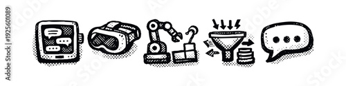 Hand drawn illustration of mobile communication, VR, robotics, data processing, and AI interaction.
