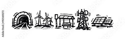 Sustainable energy, public transport, and communication infrastructure icons, clean energy and connectivity.