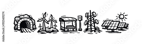 Renewable energy, communication, and transport infrastructure icons, sustainable development.