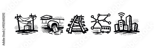 Urban utilities, transportation, and smart city connectivity icons, modern city planning and networks.