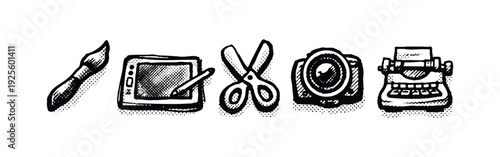 Hand-Drawn Creative Work and Art Tools Icons Set