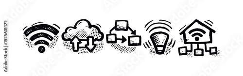 Hand-Drawn Wireless Network, Cloud Computing and Smart Home Icons Set